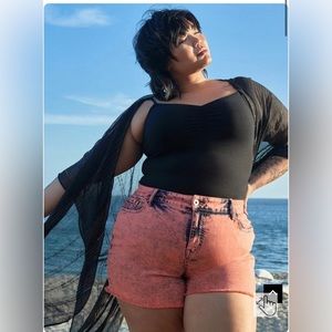 Neon Coral Peach Acid Wash Vintage Stretch Mid Rise Jean Shorts Cut Offs 90s